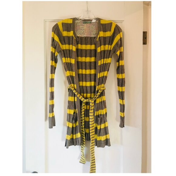 Anthropologie | Maple Switching Lanes Belted Striped Cardigan (Yellow/Brown) S - Picture 3 of 12